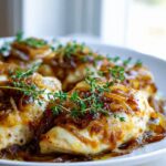 Französische Zwiebel-Hähnchenpfanne mit geschmolzenem Gruyère