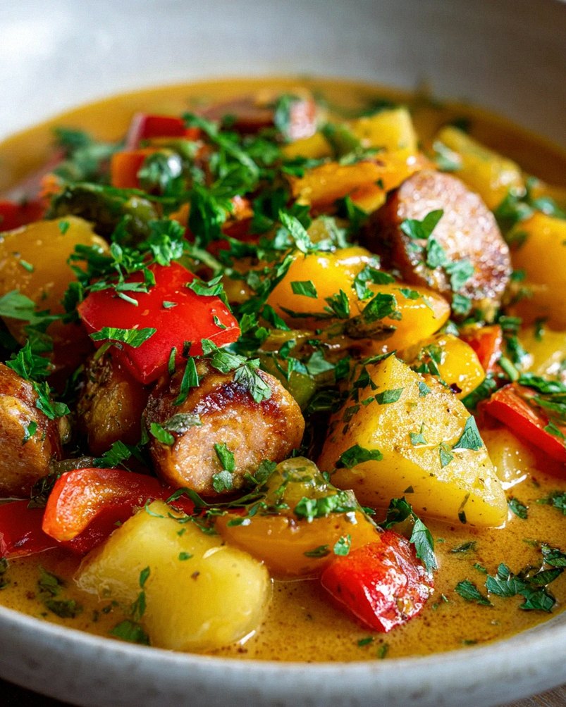 Leckeres Kartoffelgulasch mit Geflügelwürstchen Rezept