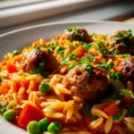 Schnelle Orzo Pfanne mit Hackbällchen für jeden Tag