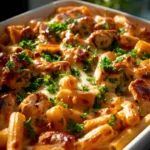 Sheet Pan Honig Knoblauch BBQ Hühnchen Pasta Auflauf Rezept